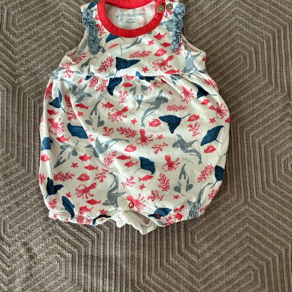 Burt’s Bees Baby Girls' Ocean Print Romper - Coral & Navy